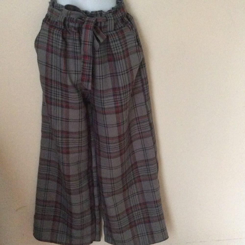 Gray and red plaid wide leg pants